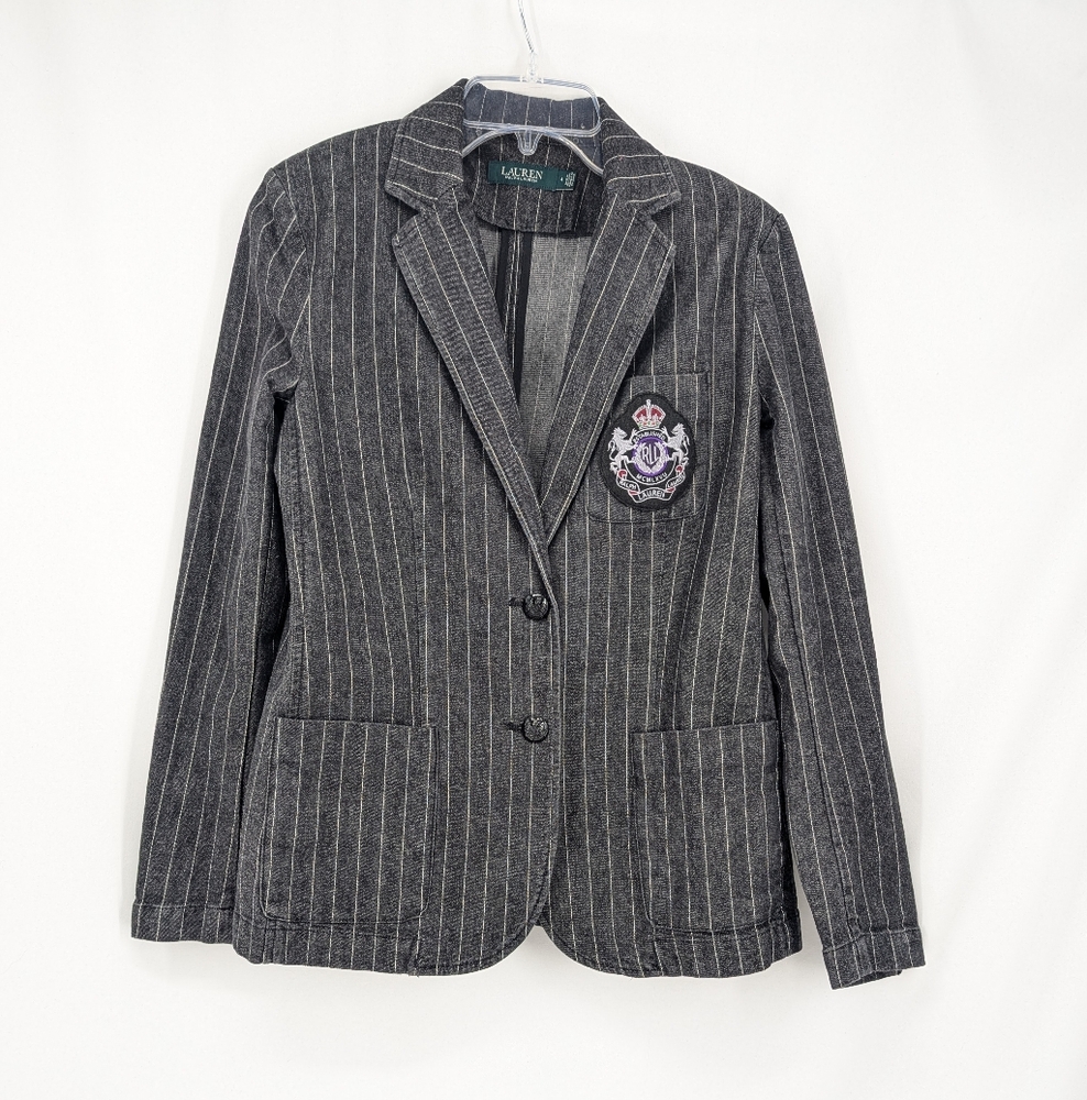 Lauren Ralph Lauren Womens Grey Striped Denim Blazer RL Pocket Crest Jacket 4